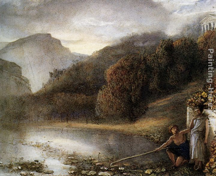 Classical figures by a river with a Temple Beyond painting - James Smetham Classical figures by a river with a Temple Beyond art painting